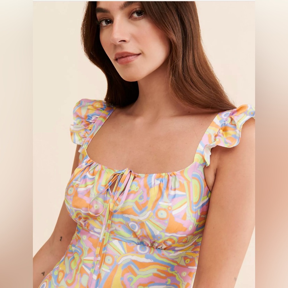 Olivia Rubin Amaya Abstract Print Midi Slip Multicolor Ruffle Dress Size 14 - Picture 3 of 15